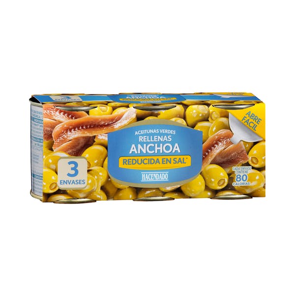 Aceitunas manzanilla rellenas de anchoa Hacendado reducidas en sal Mercadona