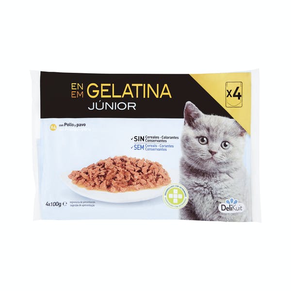 Bocaditos en gelatina gato júnior Delikuit con pollo y pavo Mercadona