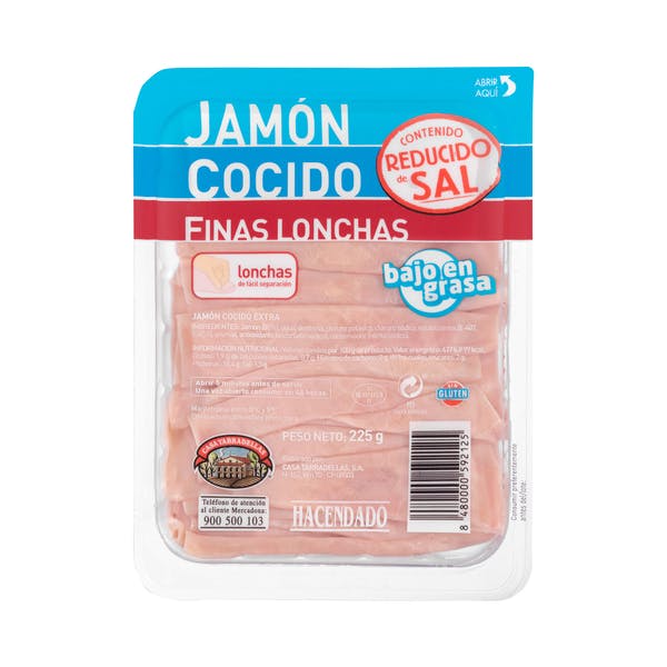 Jamón cocido bajo en sal Hacendado finas lonchas Mercadona