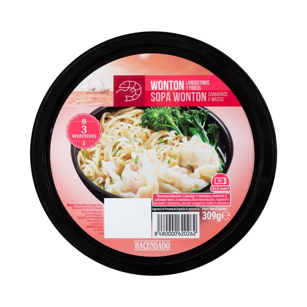 Sopa con wonton de langostino y fideos Hacendado ultracongelada Mercadona